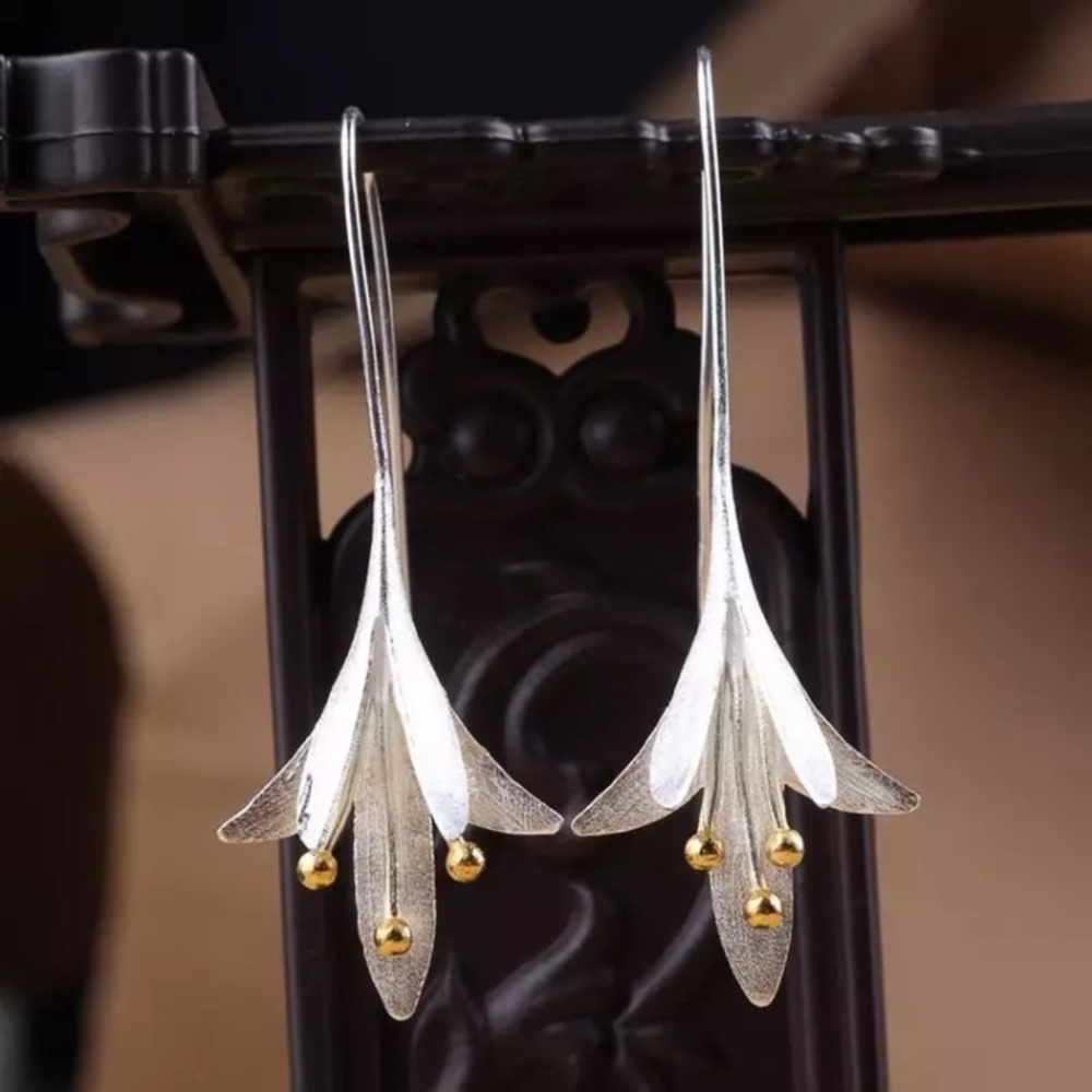 Oriental Hanging Japanese Unique Flower Earrings - Picture 2 of 6